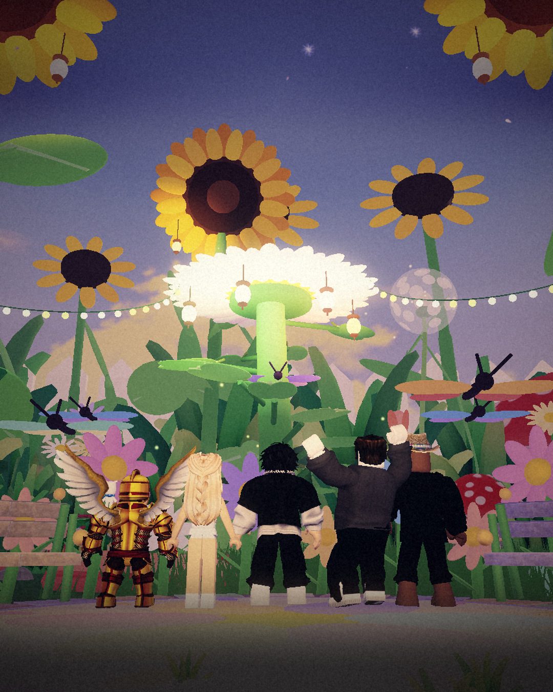 Roblox avatars, seen from behind, look up at giant sunflowers and string lights at dusk.